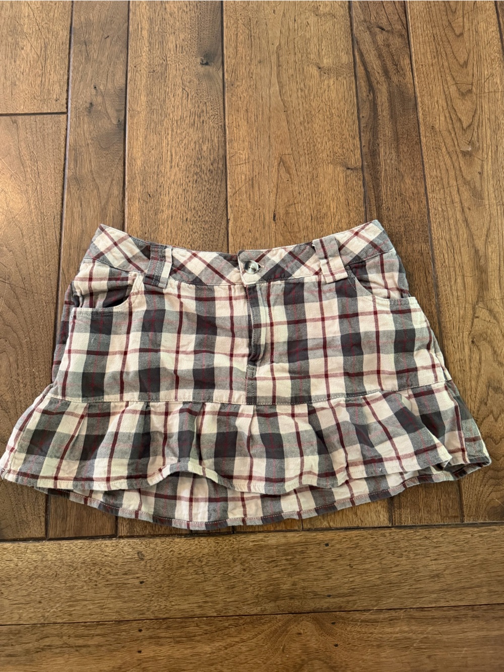 La Hearts Plaid Ruffle Mini Skirt - Ivory, Gray & Burgundy